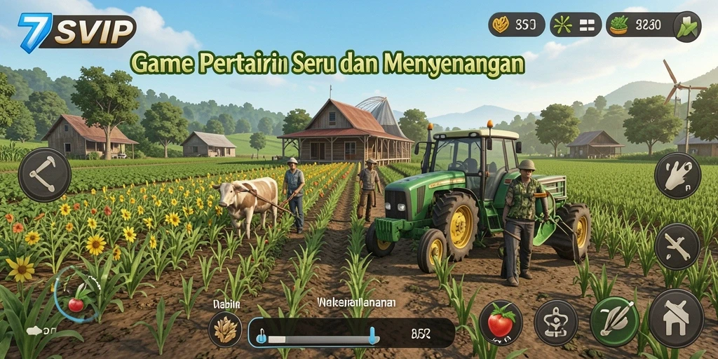 Tampilan gameplay 7SVIP dengan kebun yang indah dan aktivitas bertani.