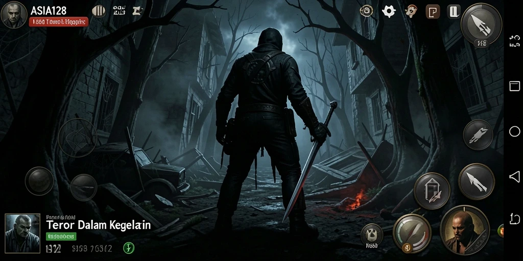 Screenshot utama gameplay ASIA128 yang menampilkan suasana horor yang mencekam.