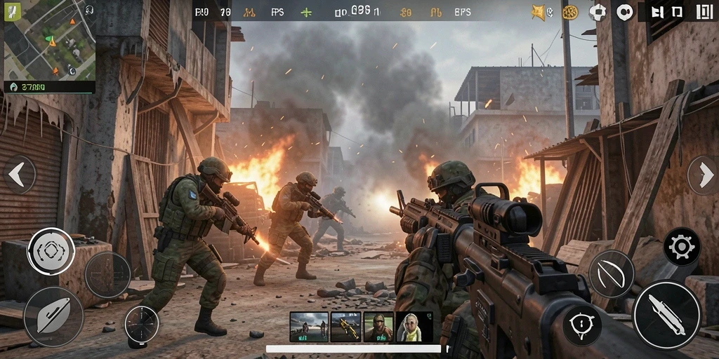 Screenshot menunjukkan aksi gameplay FPS yang mendebarkan.