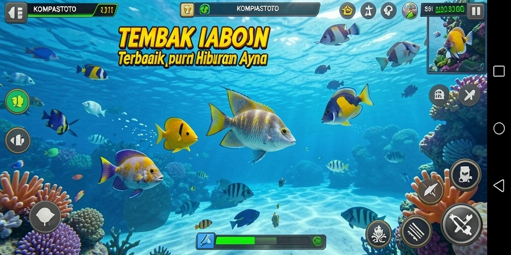 Tampilan gameplay seru dalam KOMPASTOTO dengan ikan yang beragam.