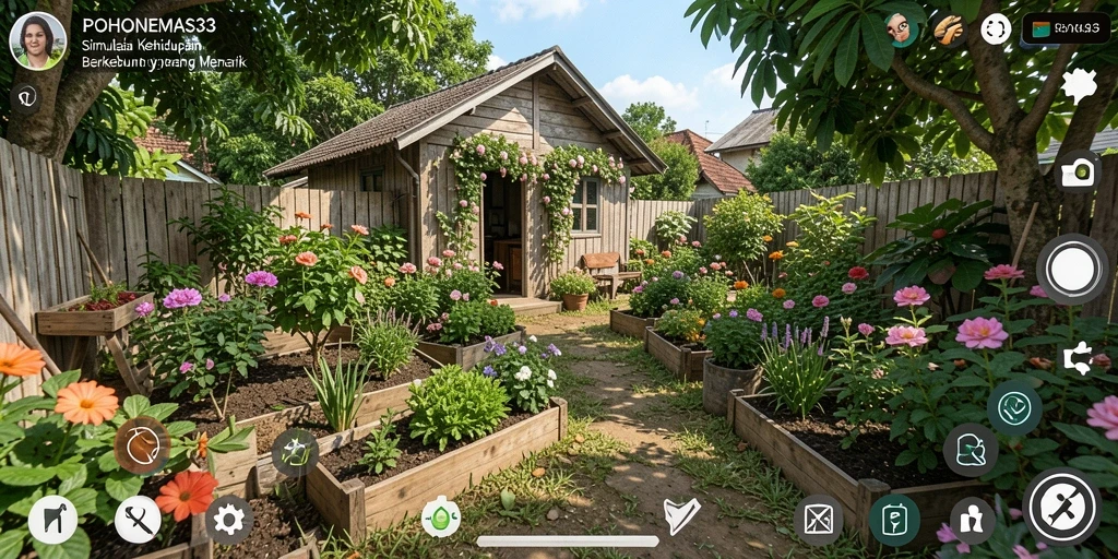 Tampilan gameplay POHONEMAS33 yang menampilkan kebun yang indah dan interaksi tanaman.