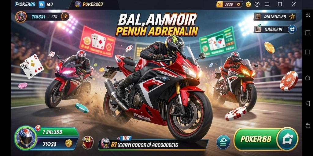 Gameplay seru dari POKER88 dengan aksi balapan motor yang mendebarkan.