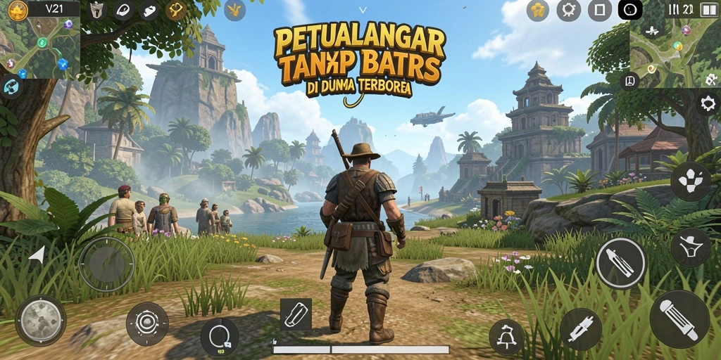 Screenshot gameplay V21 menampilkan eksplorasi dunia terbuka yang luas.